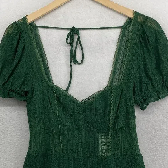 URBAN OUTFITTERS Dress S Roxie Lace Trim Mini Puff Sleeve Nylon Green NEW - Picture 3 of 16